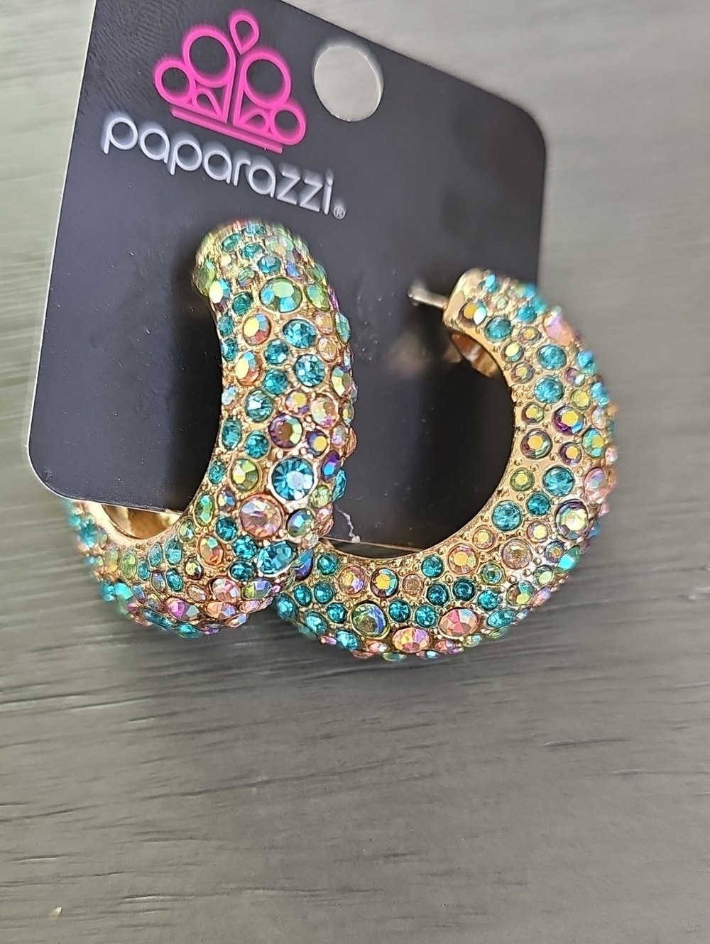 Paparazzi Gold Hoop Earrings with Turquoise and Iridescent Crystals
